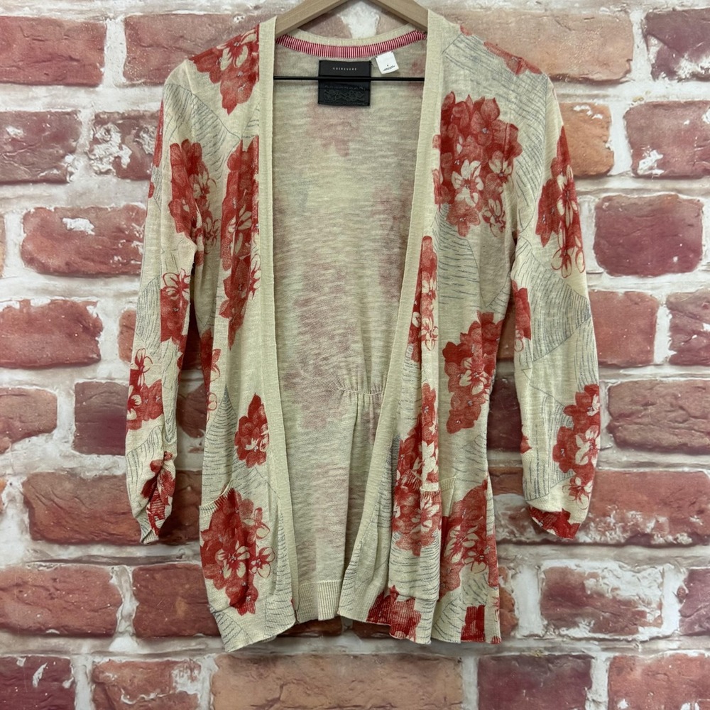 Anthropologie Guinevere Cardigan Cream Red Women's S Floral Twist Back Sweater